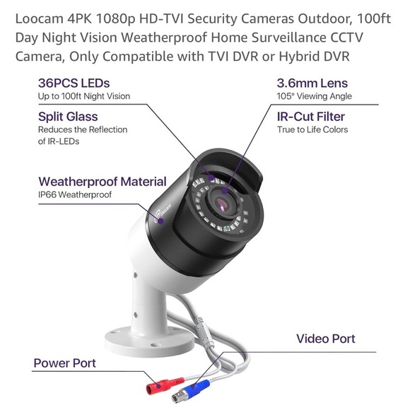 Loocam 4PK 1080p HD-TVI Security Cameras Outdoor, 100ft Day Night Vision - Picture 6 of 14